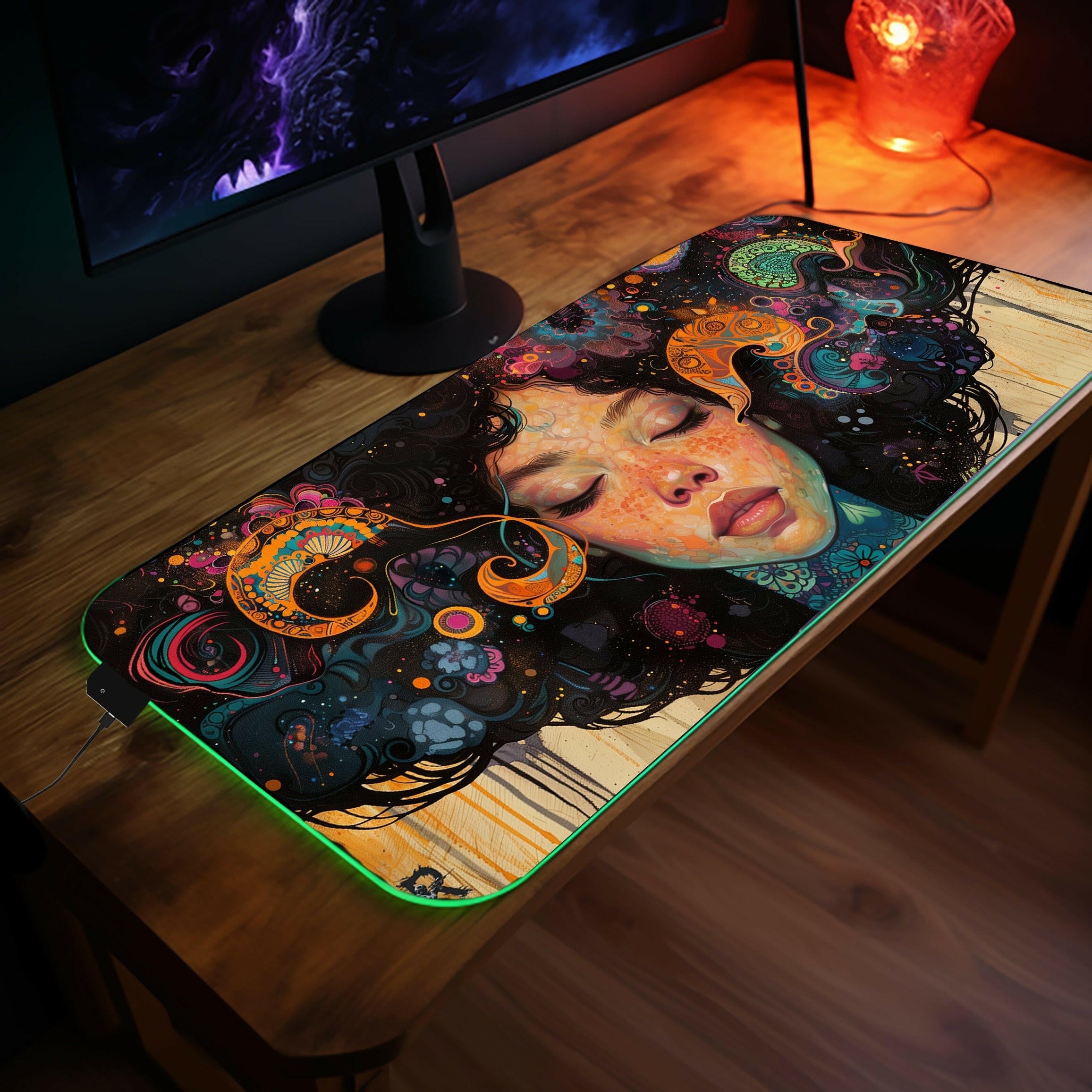 Dreaming In Color - Gaming Desk Mat - Artistic, Female, Beauty, Neon, LED