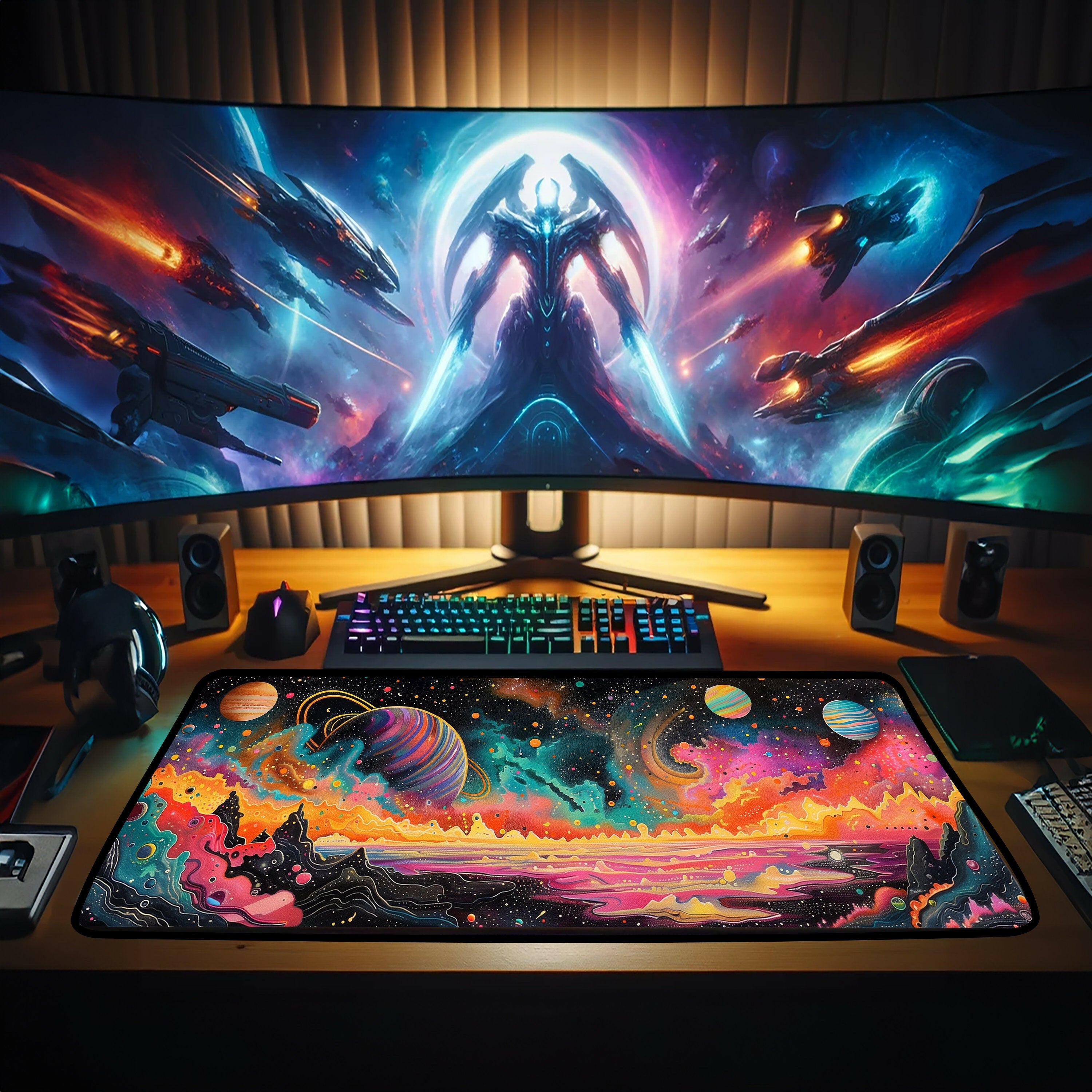 Galactic Wonderland 1 - Gaming Desk Mat - Space, Planets, Universe, Utopian, LED