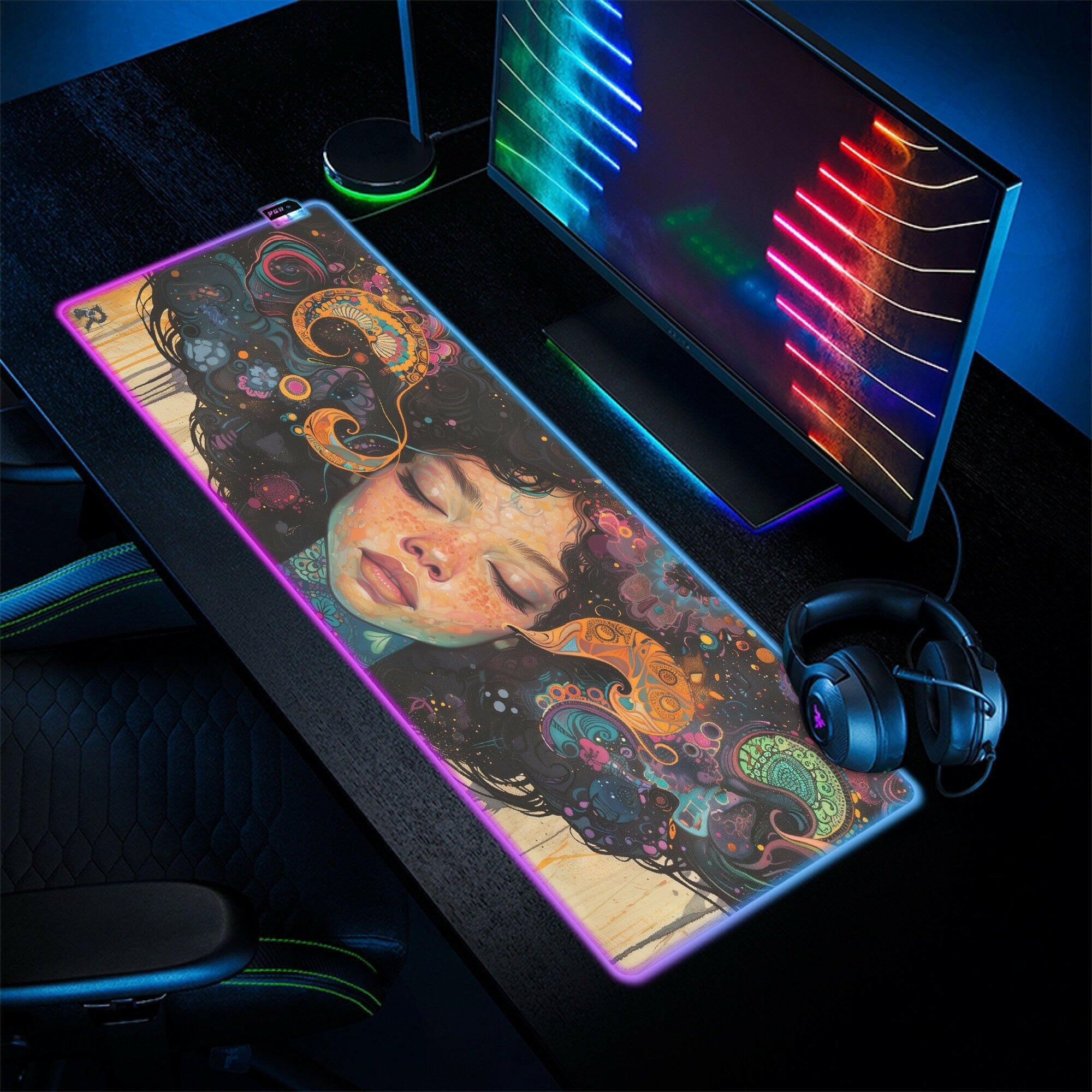 Dreaming In Color - Gaming Desk Mat - Artistic, Female, Beauty, Neon, LED