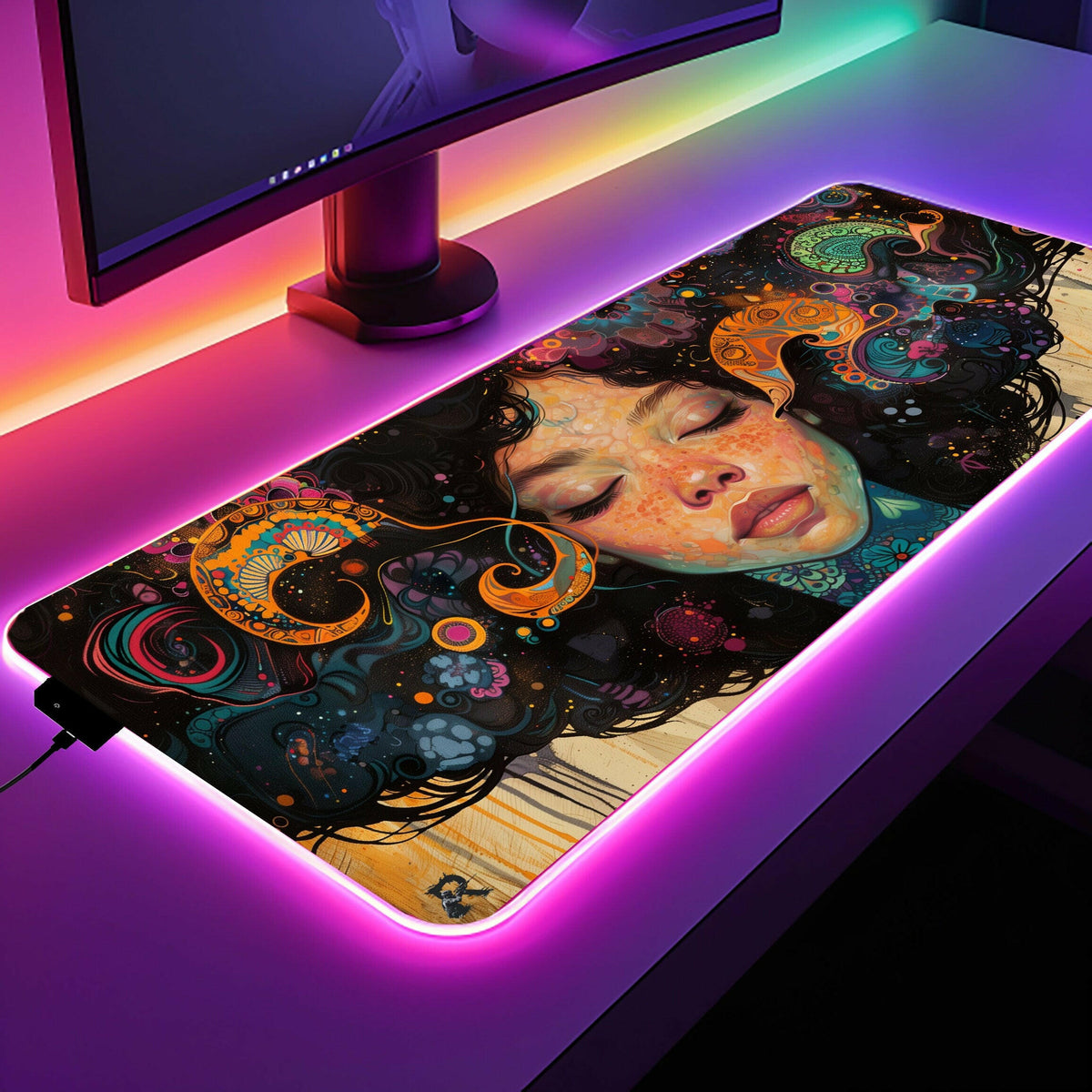 Dreaming In Color - Gaming Desk Mat - Artistic, Female, Beauty, Neon, LED